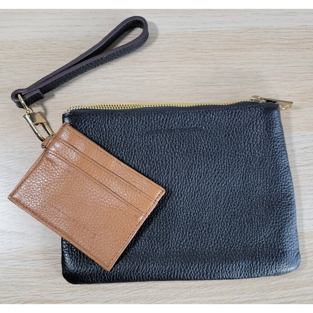 Aimee Kestenberg Wristlet Wallet Coin Purse Zip Closure Pouch Black Tan Gold